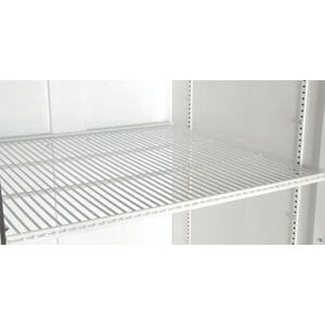 A white coated wire shelf with metal racks on it.
