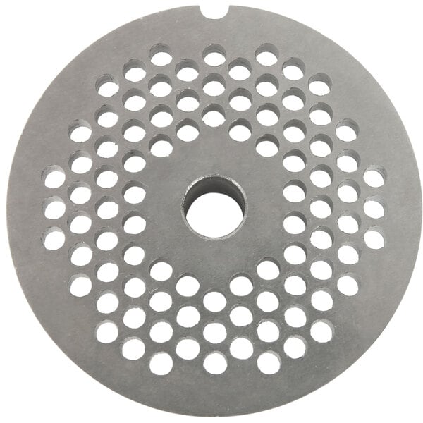 A circular metal Globe chopper plate with holes in it.
