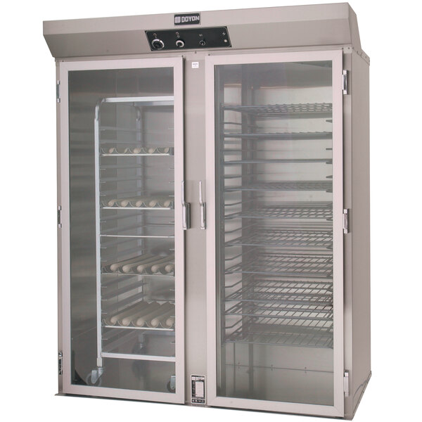A large metal cabinet with glass doors and shelves.