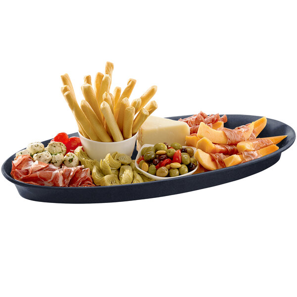 A Tablecraft Midnight with Blue Speckle cast aluminum platter with food, cheese, and olives.