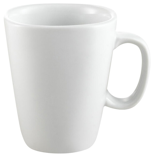 A close-up of a CAC Bright White porcelain mug with a handle.