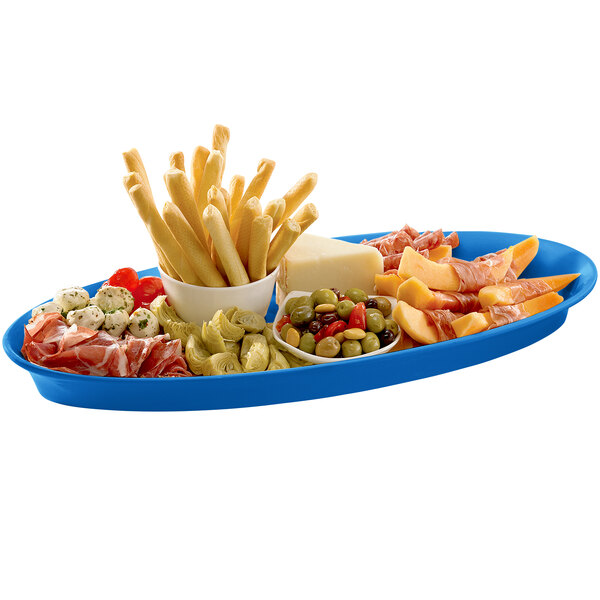 A Tablecraft sky blue cast aluminum tray with food on it, including cheese and olives.