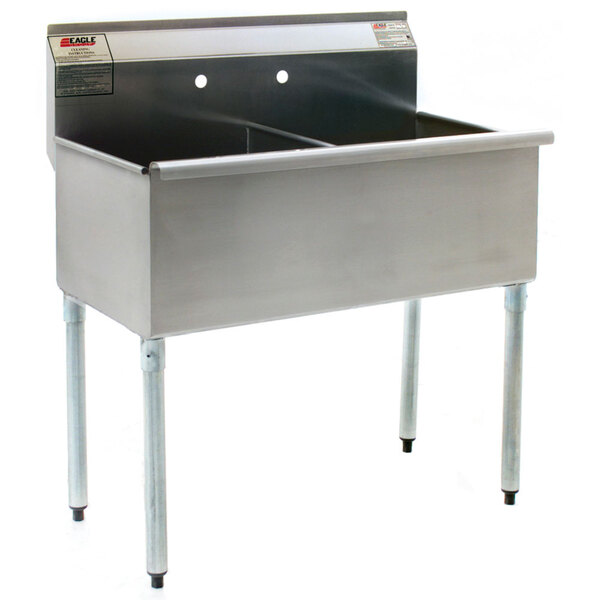 A stainless steel Eagle Group commercial sink with two compartments and no drainboard.