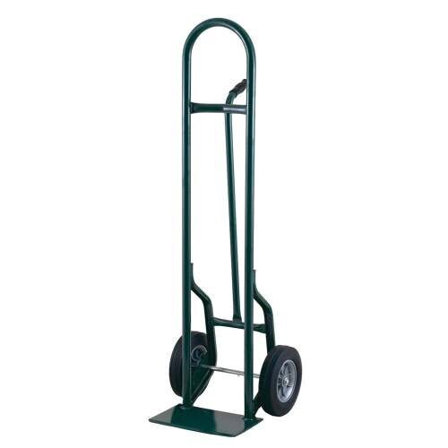 A Harper green tall steel hand truck with 10" x 2" solid rubber wheels.