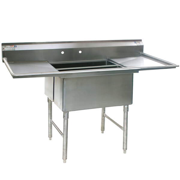 A stainless steel Eagle Group 2 compartment sink with two 18" drainboards.