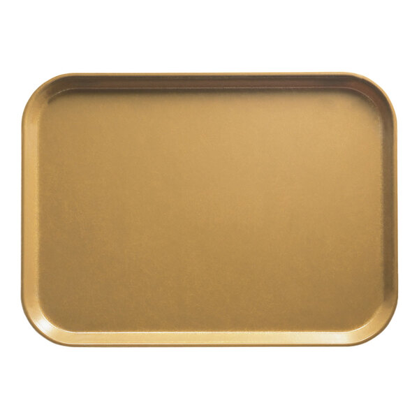 A close-up of a yellow Cambro rectangular tray with an Earthen Gold finish.