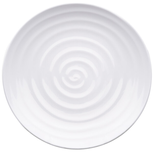 A white Elite Global Solutions melamine plate with a swirly pattern.