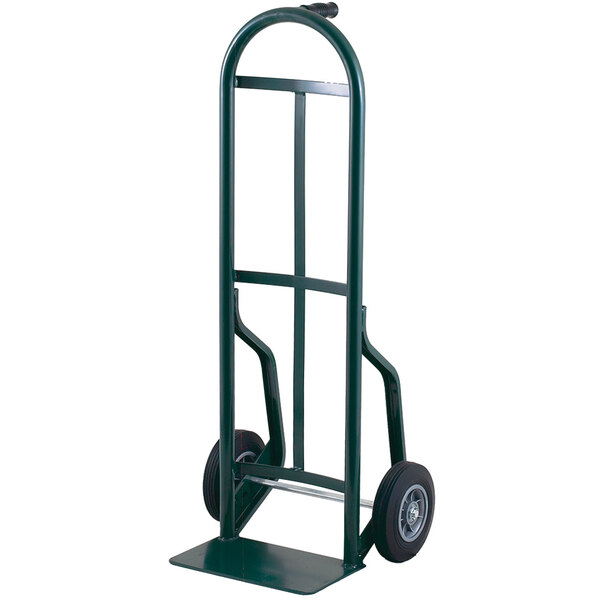 A green Harper steel hand truck with black wheels and a single handle.