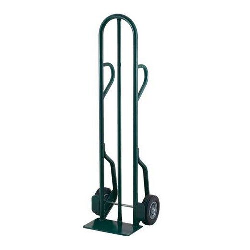 A green Harper tall steel hand truck with dual loop handles and solid rubber wheels.