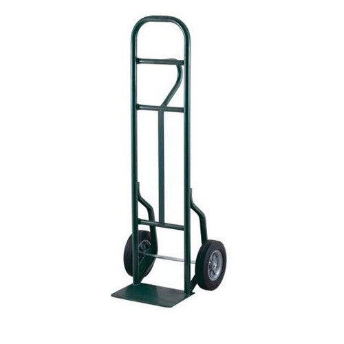 A green metal Harper hand truck with loop handle and solid rubber wheels.