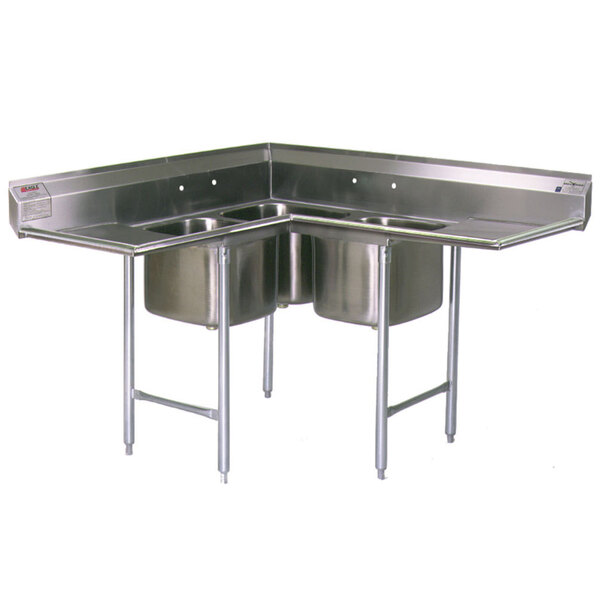 A stainless steel Eagle Group corner compartment sink with three bowls and two drainboards.