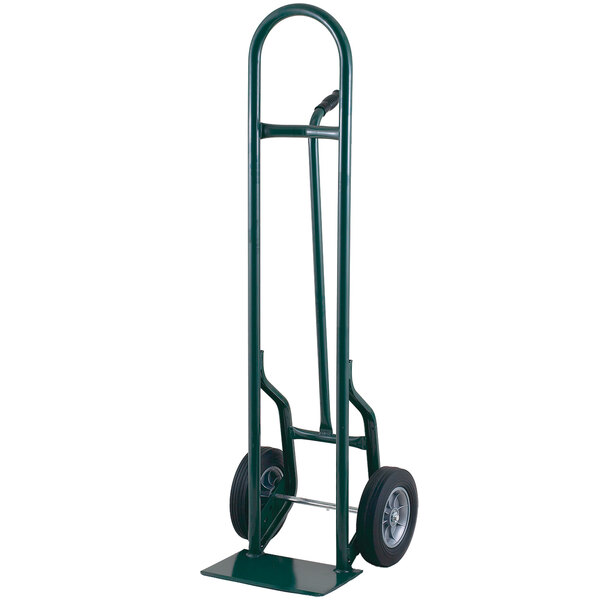 A green Harper tall steel hand truck with wheels and a handle.