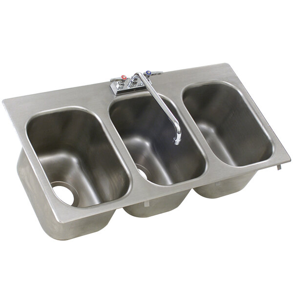 A stainless steel Eagle Group drop-in sink with three compartments and three faucets.