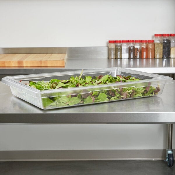 A clear polycarbonate food storage box of salad on a counter.