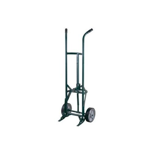 A black and green Harper Drum King hand truck with wheels.