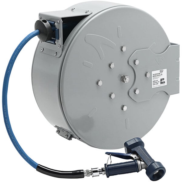 A grey metal T&S hose reel with a hose attached.