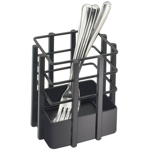A Cal-Mil Soho black metal flatware organizer holding a fork and knife.