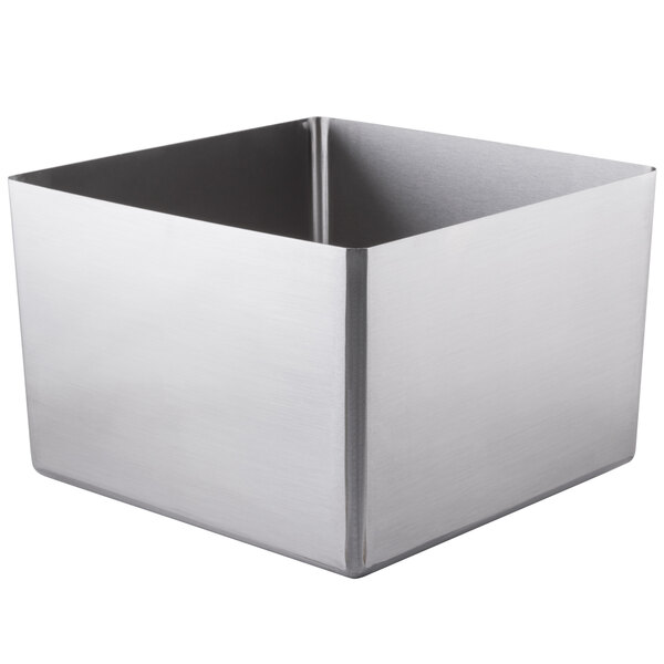A stainless steel square Eagle Group sink bowl with a corner.