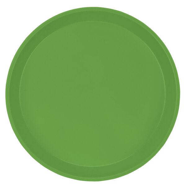 A close-up of a green Cambro cafeteria tray with a white background.