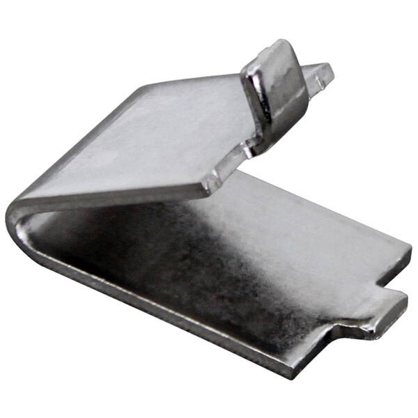 A stainless steel metal clip with a square shape.