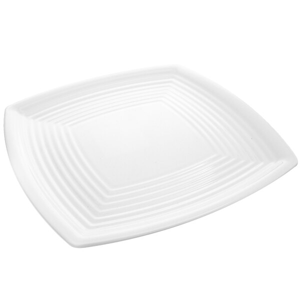 A white square melamine plate with a ribbed design.