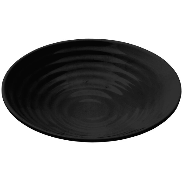 An Elite Global Solutions black melamine bowl with a swirled design.