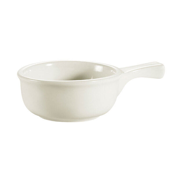 A CAC ivory (American white) china onion soup bowl with a handle.