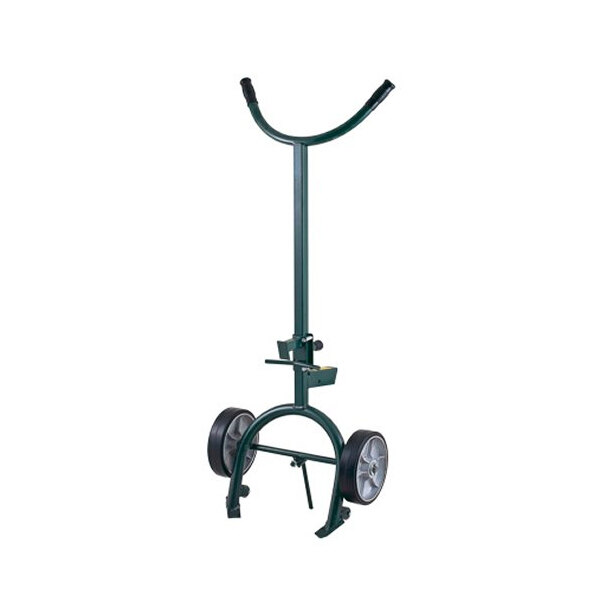 A green Harper hand truck with spring loaded swing axle and rubber wheels.
