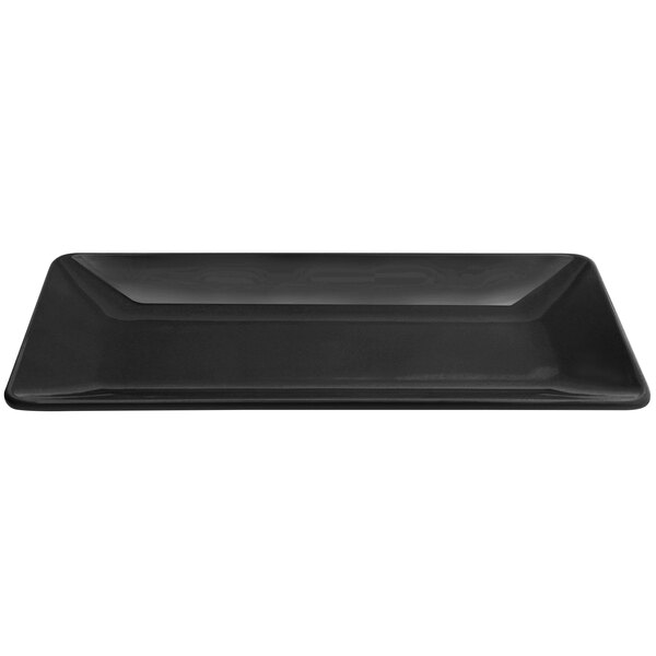 A black rectangular melamine platter with a black handle.