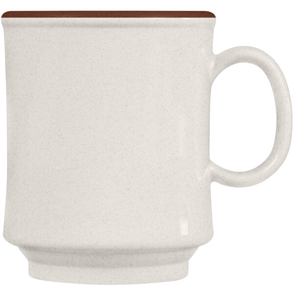 A white mug with a brown handle.
