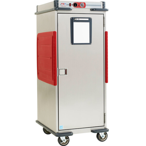 A grey stainless steel Metro C5 T-Series holding cabinet with red doors.