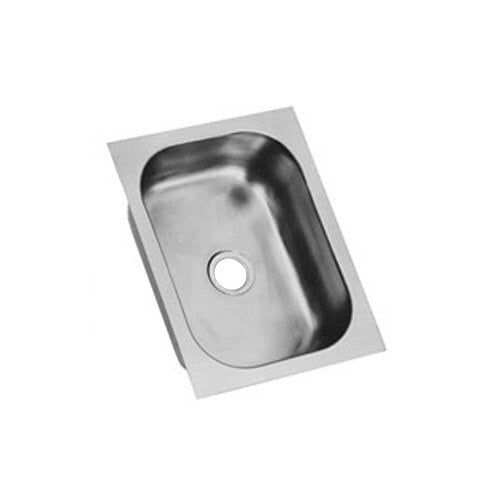 A stainless steel Eagle Group seamless weld in sink bowl with a drain in the center.
