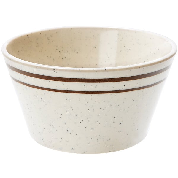 A white bowl with brown stripes.