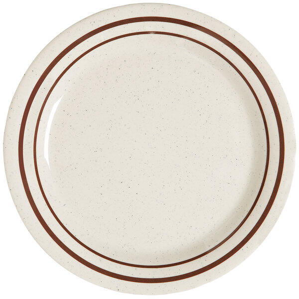 A white GET Ultraware round plate with brown lines.