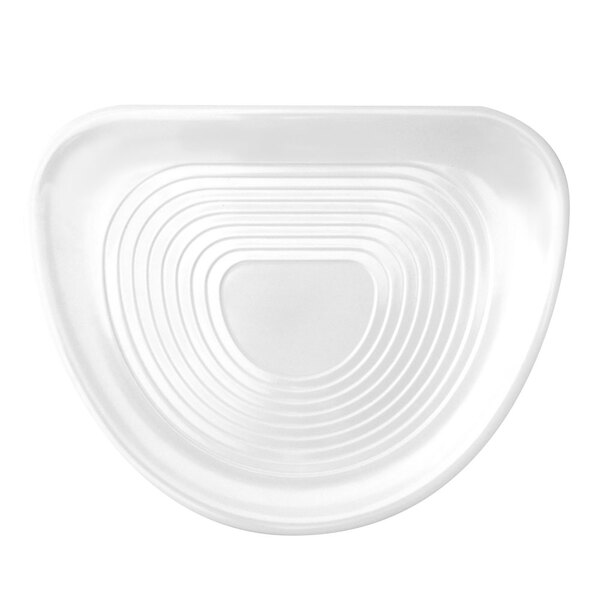 A white triangular melamine platter with a spiral design.