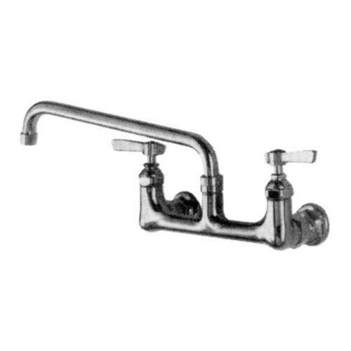 A chrome Eagle Group wall mount faucet with two handles and a 14" swing spout.