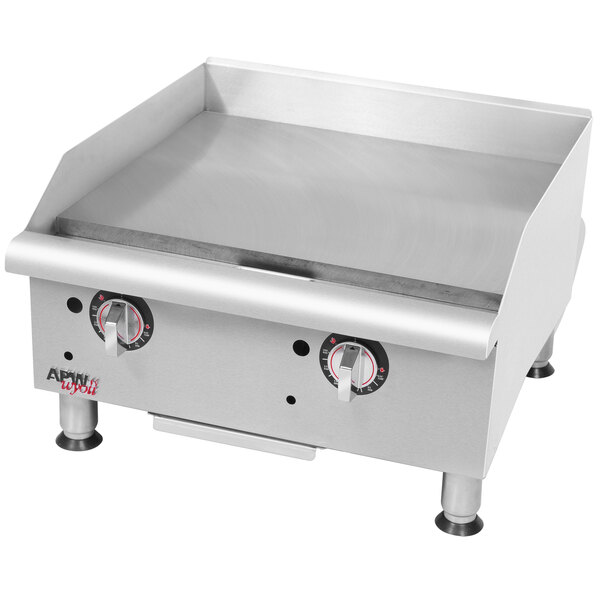 A stainless steel APW Wyott countertop griddle with two thermostatic burners.