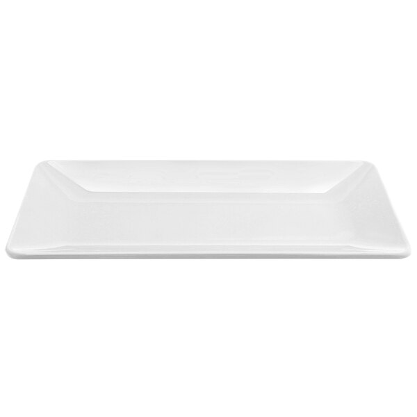 A white rectangular melamine platter with a white border.