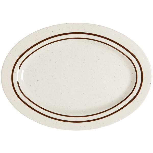 A white oval platter with brown lines.