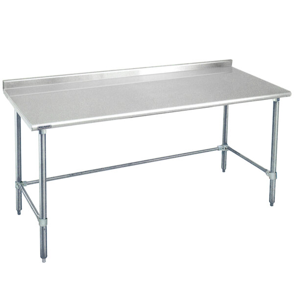 A stainless steel Eagle Group work table with an open base and backsplash.