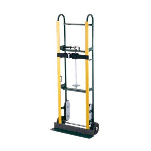 A yellow and green Harper hand truck with rubber wheels.