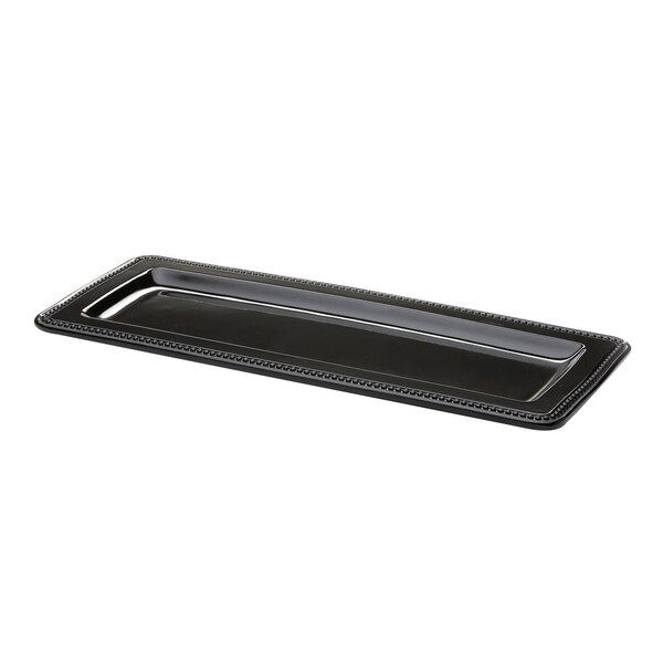 A black rectangular Elite Global Solutions melamine tray with a beaded border and a handle.