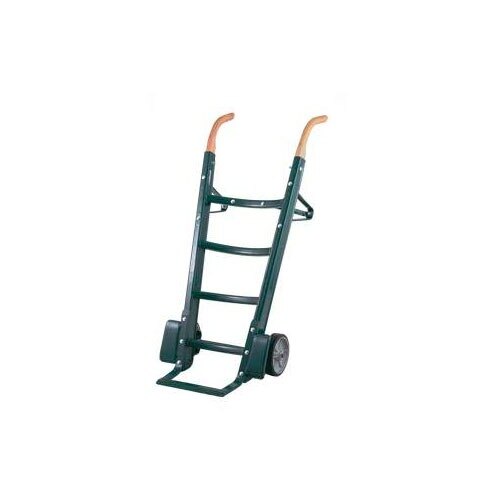 A green Harper hand truck with dual wooden handles.