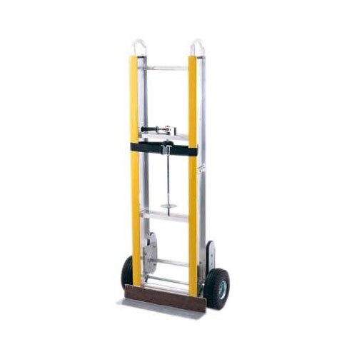 A yellow and silver Harper aluminum hand truck with wheels and a ratchet.