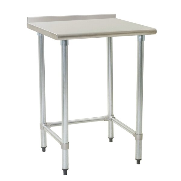 A metal Eagle Group stainless steel work table with open base legs.