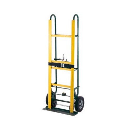 A yellow Harper hand truck with solid rubber wheels and a ratchet.