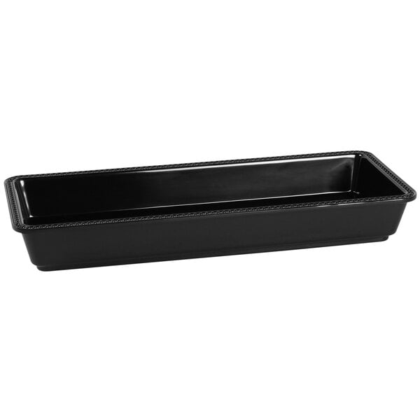 A black rectangular melamine tray with a beaded edge.