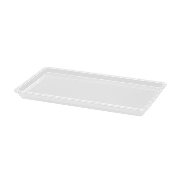 A white rectangular Elite Global Solutions melamine tray with a beaded edge.