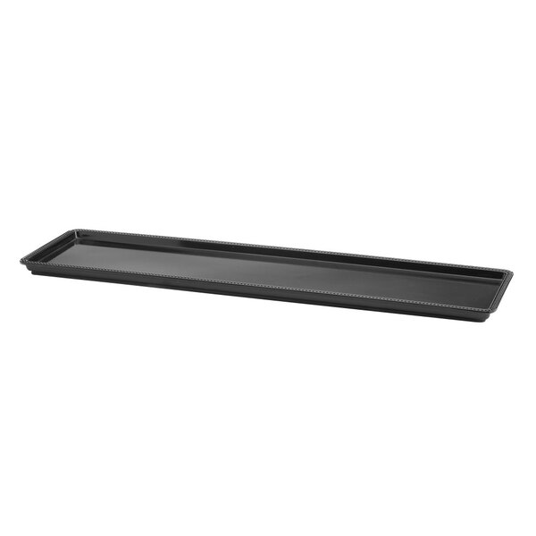 A black rectangular Elite Global Solutions melamine tray with a beaded edge.