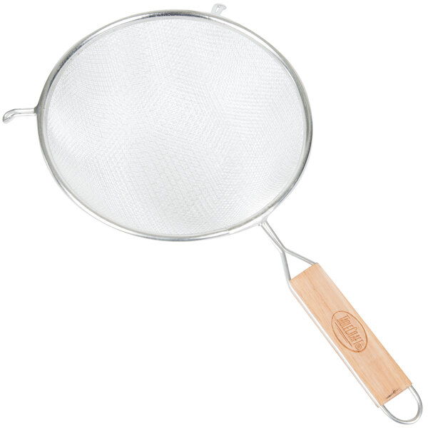 A Tablecraft medium tin double mesh strainer with a wooden handle.